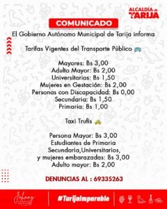 Tarifas vigentes del transporte público